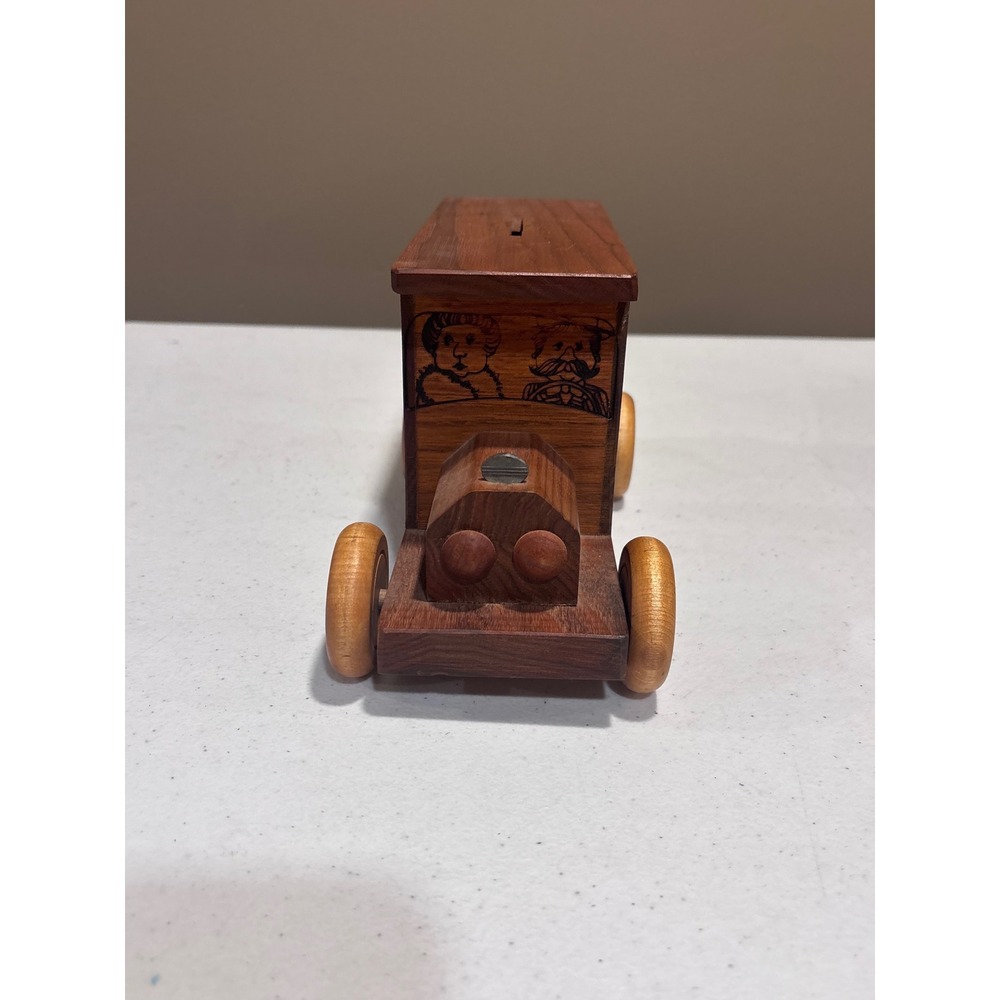 Vintage Nostalgia Inc 1977 Wooden Trolley Car Coin Bank Rolling Wheels Brown - Picture 2 of 10